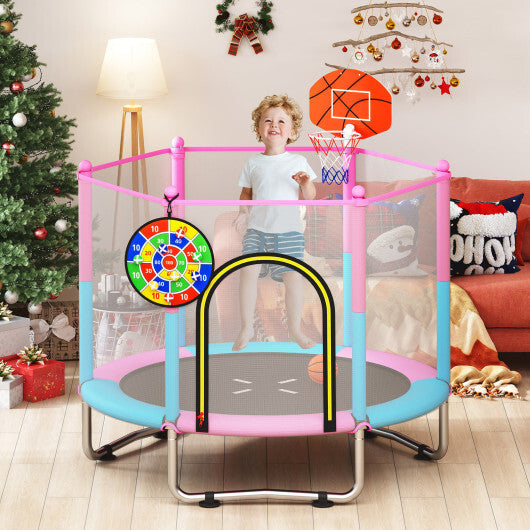 60 inch Kids Trampoline Toddler Recreational Trampoline with Basketball Hoop-Macaron W2B
