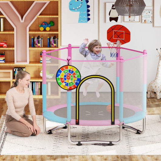60 inch Kids Trampoline Toddler Recreational Trampoline with Basketball Hoop-Macaron W2B