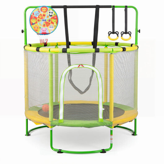 55" Trampoline for Kids with Adjustable Gymnastics Bar and Basketball Hoop for 3+-Yellow W2B