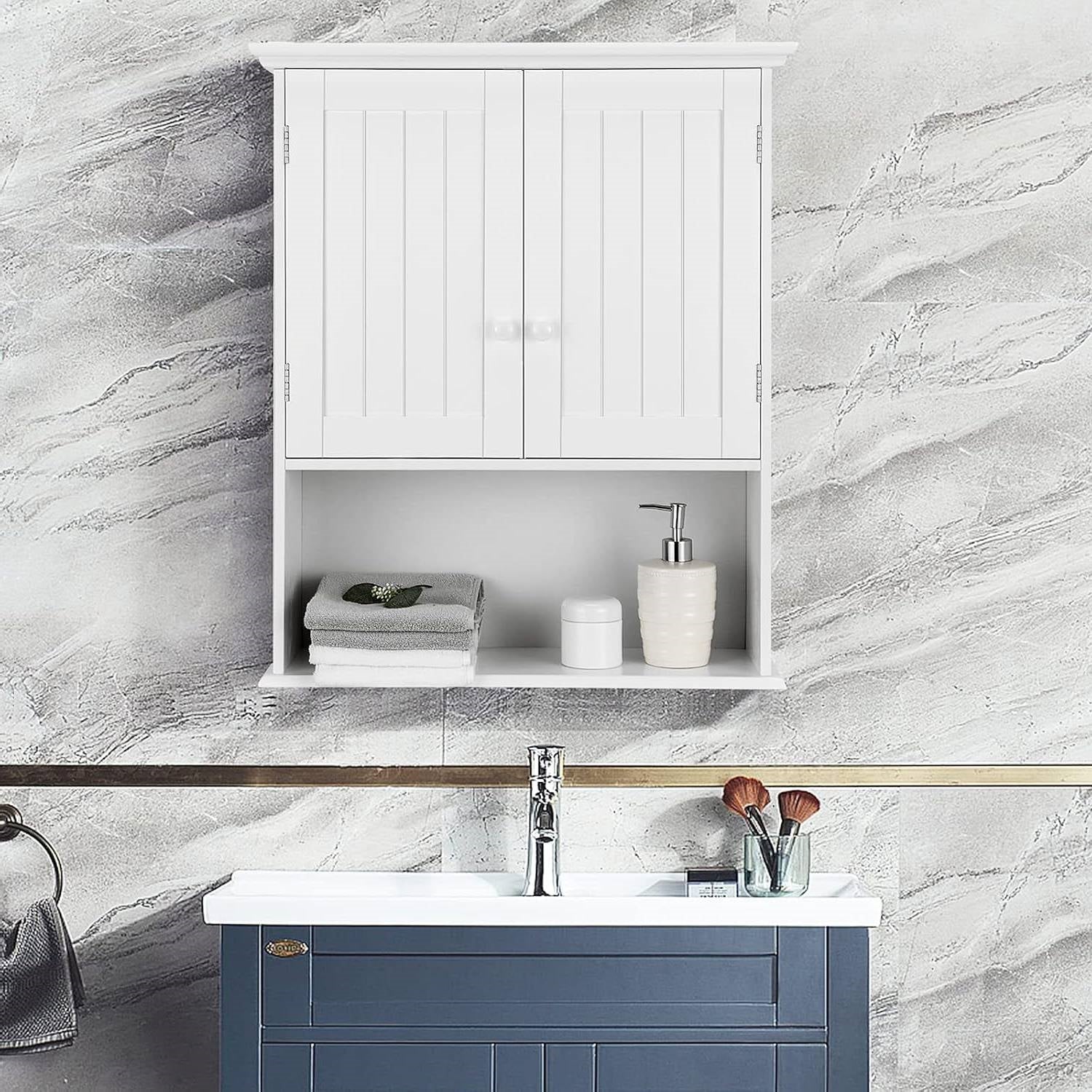 Bathroom Wall Mount Medicine Cabinet with Open Storage Shelf in White FastFurnishings