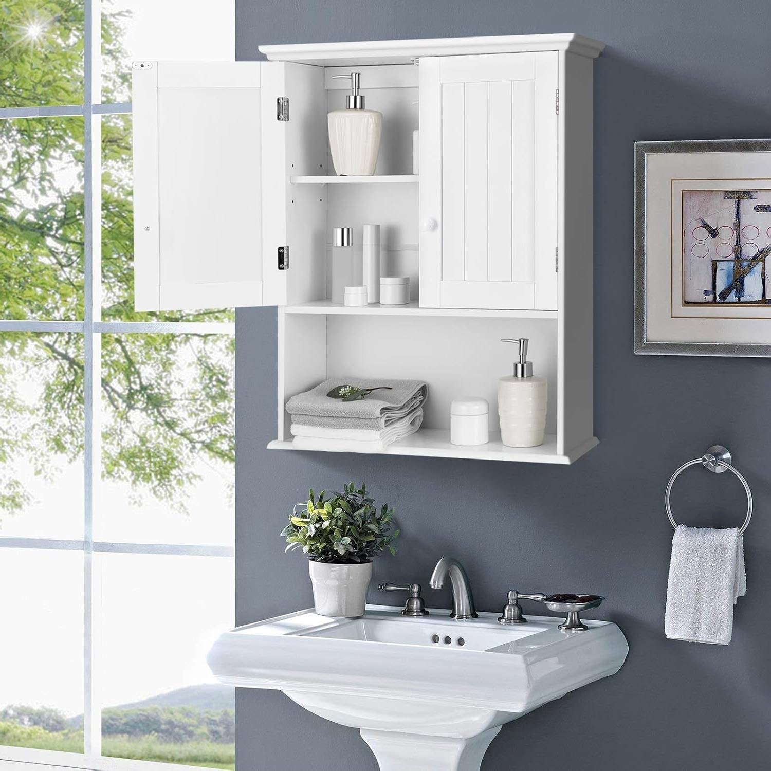 Bathroom Wall Mount Medicine Cabinet with Open Storage Shelf in White FastFurnishings