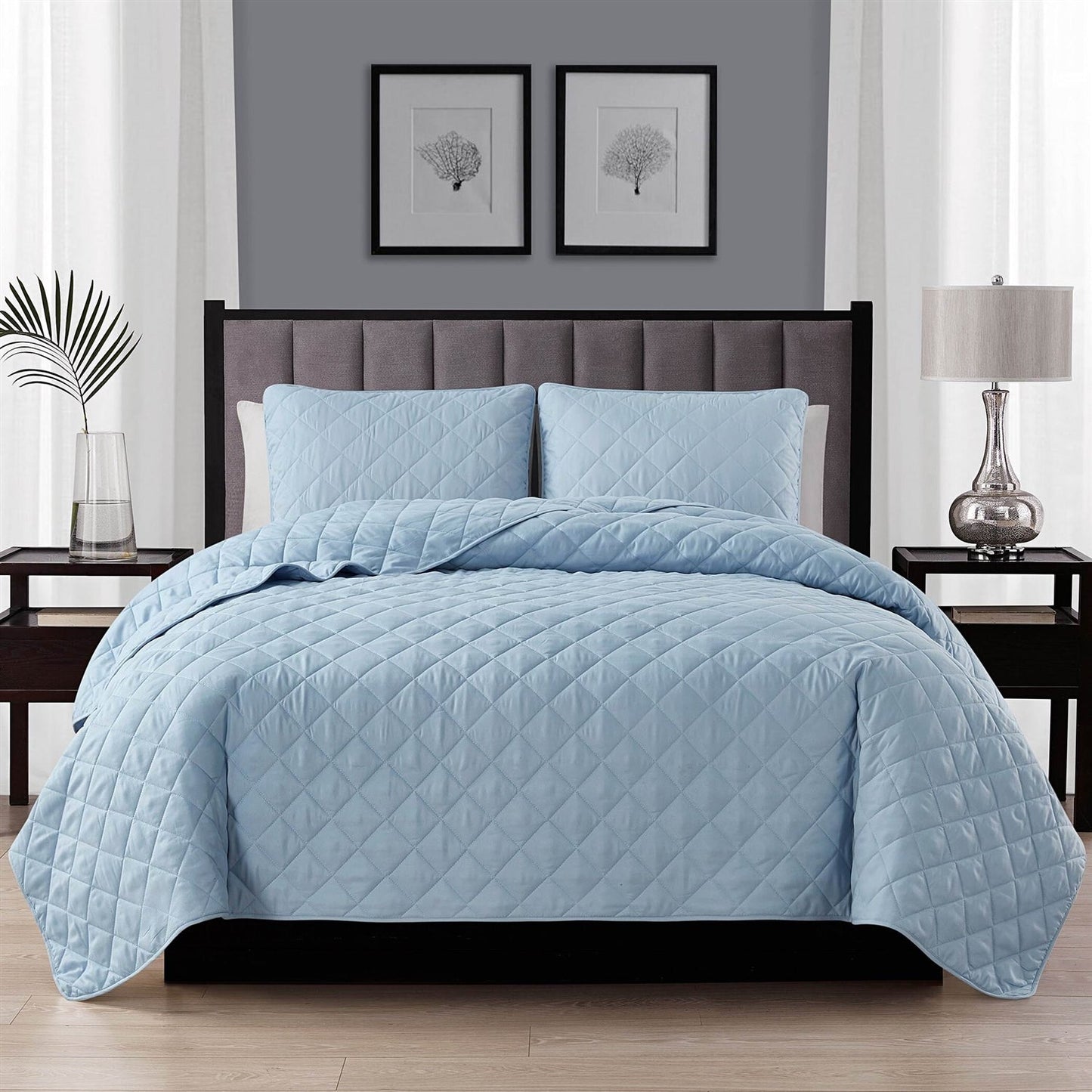 Twin/Twin XL 2-Piece Light Blue Microfiber Reversible Diamond Quilt Set FastFurnishings