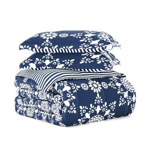 Twin size 3-Piece Navy Blue White Reversible Floral Striped Comforter Set FastFurnishings
