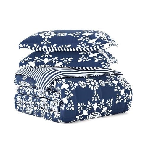Twin size 3-Piece Navy Blue White Reversible Floral Striped Comforter Set W2B