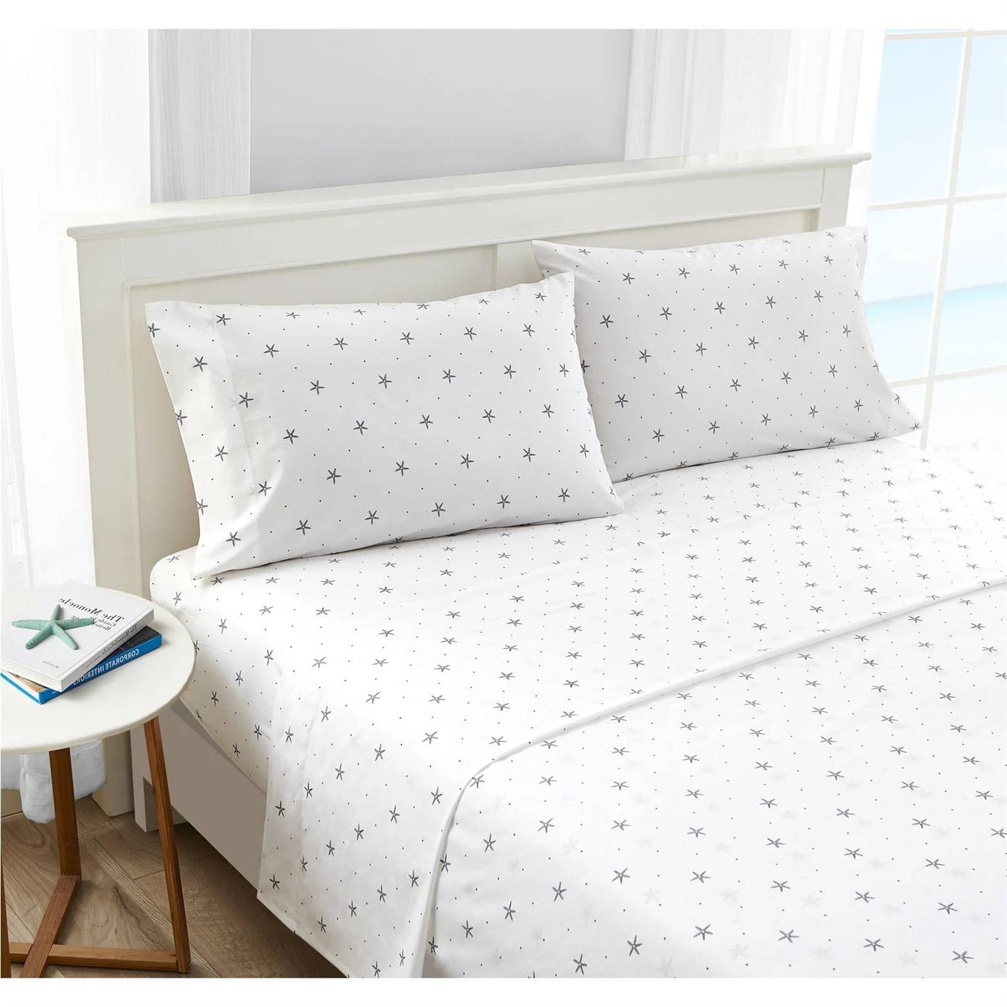 Twin size Coastal Beach Starfish White Navy Red 100-Percent Cotton Sheet Set FastFurnishings