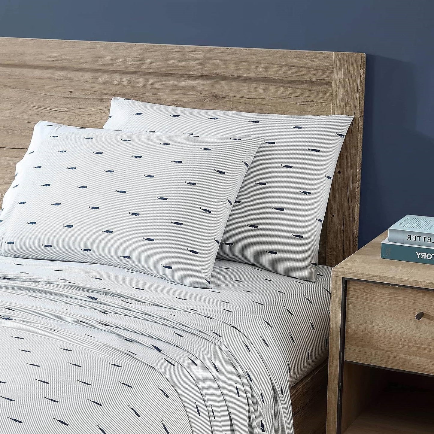 Twin XL size Coastal Beach 100-Percent Cotton Navy Blue White Stripe Sheet Set FastFurnishings