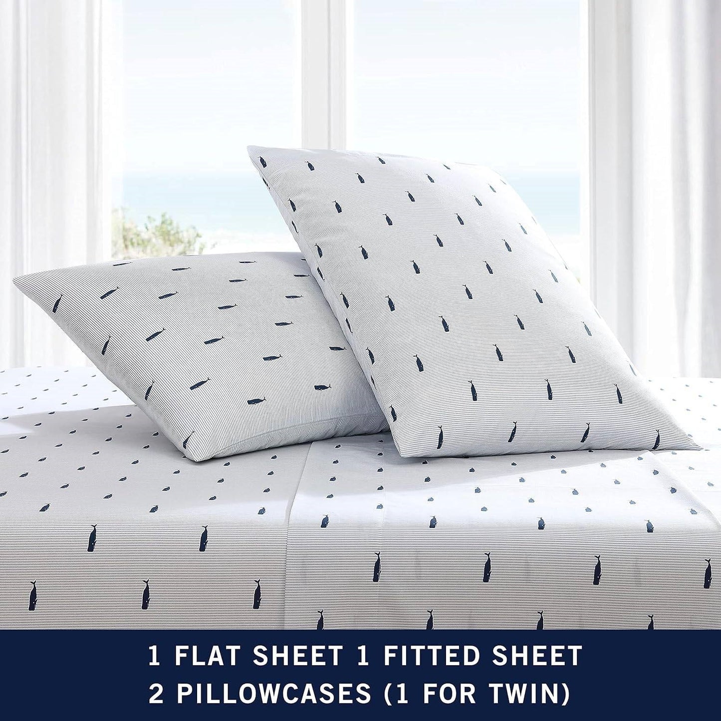 Twin XL size Coastal Beach 100-Percent Cotton Navy Blue White Stripe Sheet Set FastFurnishings