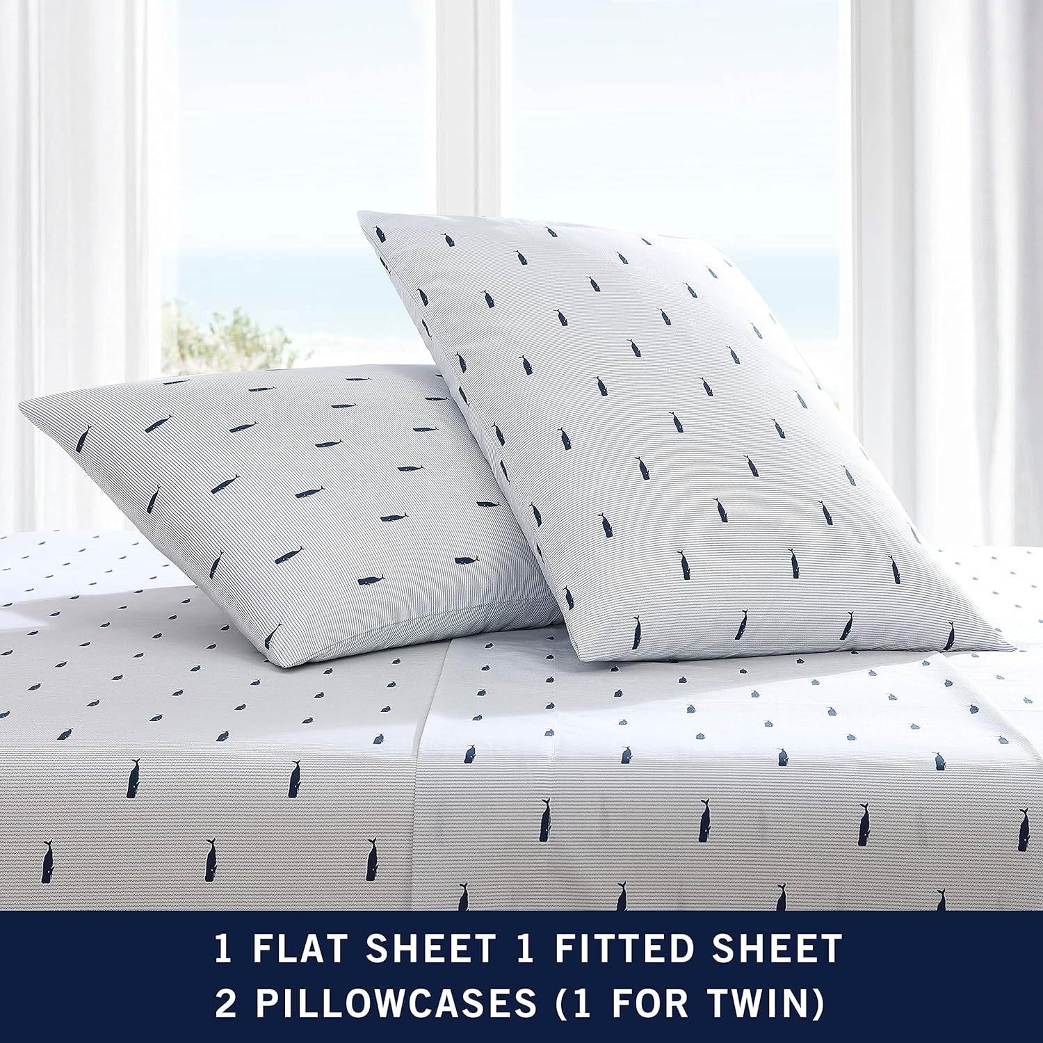 Twin XL size Coastal Beach 100-Percent Cotton Navy Blue White Stripe Sheet Set FastFurnishings