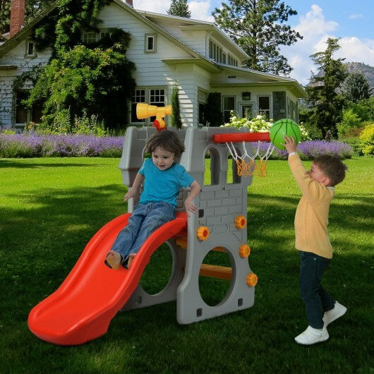 5 in 1 Toddler Climber Slide Playset with Basketball Hoop and Telescope W2B