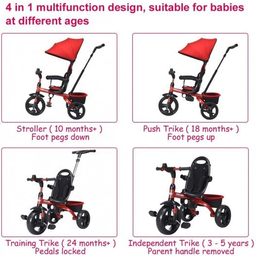 4-in-1 Kids Tricycle with Adjustable Push Handle-Red - Color: Red W2B