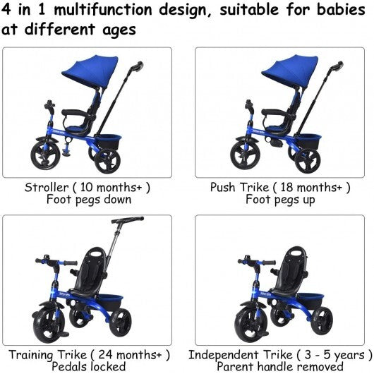 4-in-1 Kids Tricycle with Adjustable Push Handle-Blue