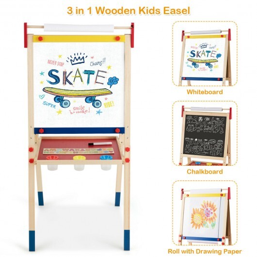 All-in-One Wooden Height Adjustable Kid's Art Easel with Magnetic Stickers and Paper