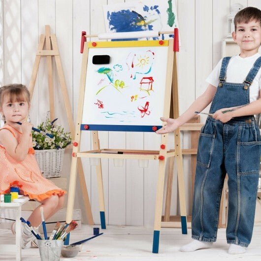 All-in-One Wooden Height Adjustable Kid's Art Easel with Magnetic Stickers and Paper - Color: Multicolor W2B