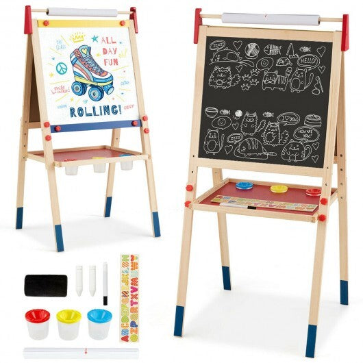 All-in-One Wooden Height Adjustable Kid's Art Easel with Magnetic Stickers and Paper - Color: Multicolor W2B