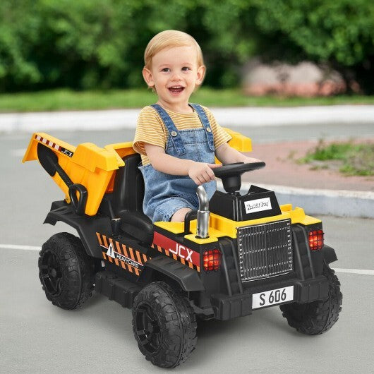12V Battery Kids Ride On Dump Truck with Electric Bucket and Dump Bed-Yellow W2B
