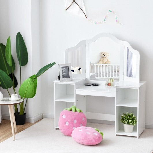 Kids Tri Folding Mirror Makeup Dressing Vanity Table Set-White W2B