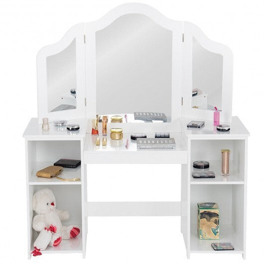 Kids Tri Folding Mirror Makeup Dressing Vanity Table Set-White