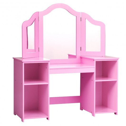 Kids Tri Folding Mirror Makeup Dressing Vanity Table Set-White