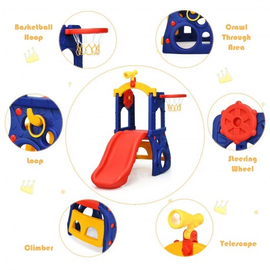 6-in-1 Freestanding Kids Slide with Basketball Hoop and Ring Toss W2B