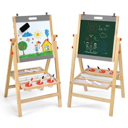 Kids Art Easel with Paper Roll Double Sided Chalkboard and Whiteboard-Gray W2B