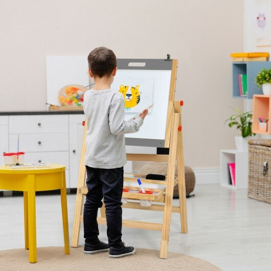 Kids Art Easel with Paper Roll Double Sided Chalkboard and Whiteboard-Gray W2B