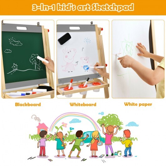 Kids Art Easel with Paper Roll Double Sided Chalkboard and Whiteboard-Gray W2B