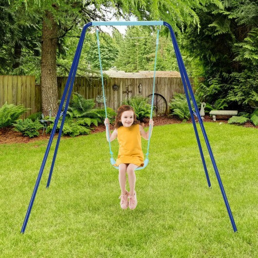 Outdoor Kids Swing Set with Heavy-Duty Metal A-Frame and Ground Stakes-Blue