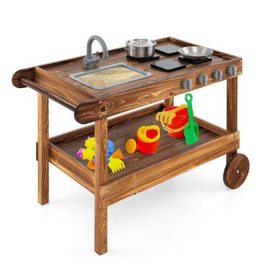 Outdoor Movable Mud Kitchen with 2 Rolling Wheels and 1 Push Handle-Natural W2B