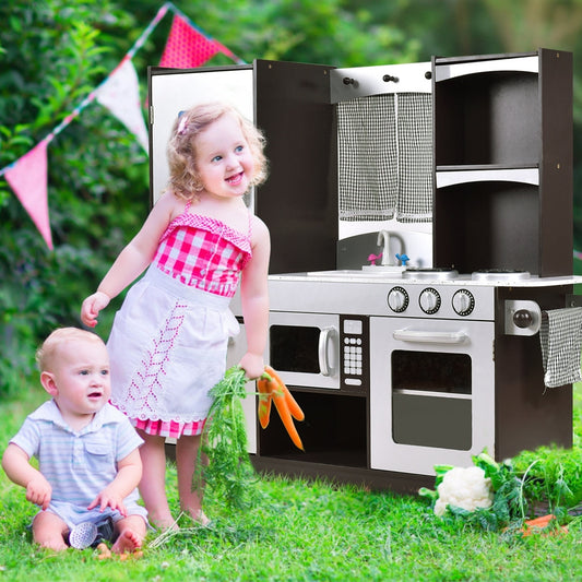 Kids Wooden Modern Kitchen Cooking Pretend Play Set - Color: Coffee W2B