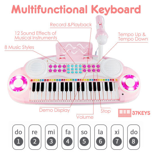 37-key Kids Electronic Piano Keyboard Playset-Pink W2B