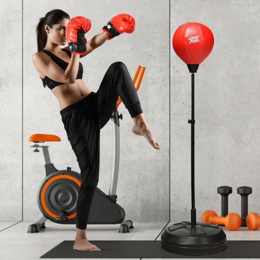Adjustable Height Punching Bag with Stand Plus Boxing Gloves for Both Adults and Kids - Color: Black & Red W2B