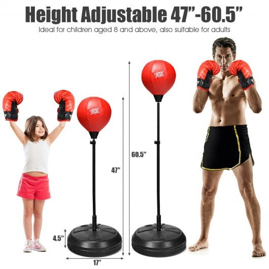 Adjustable Height Punching Bag with Stand Plus Boxing Gloves for Both Adults and Kids - Color: Black & Red W2B