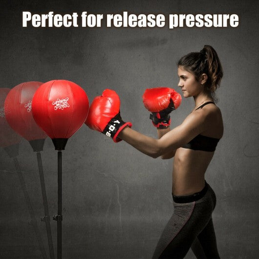 Adjustable Height Punching Bag with Stand Plus Boxing Gloves for Both Adults and Kids - Color: Black & Red W2B