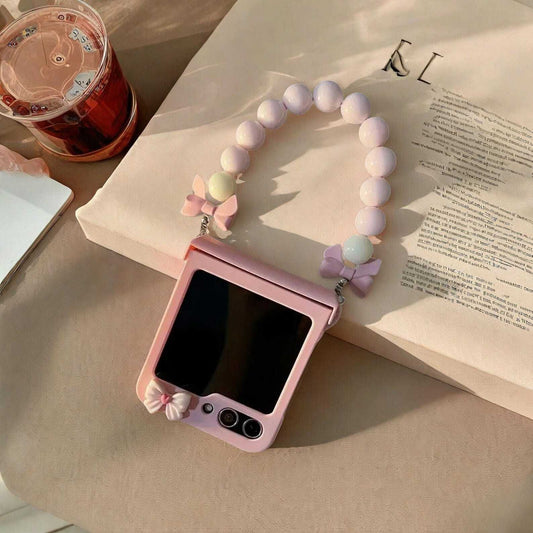 Cute Bow Chain Bracelet Hinge Case for Samsung Galaxy Z Flip 3 4 5 6 7 - Stylish Protective Cover for ZFlip5 ZFlip6 Phones W2B