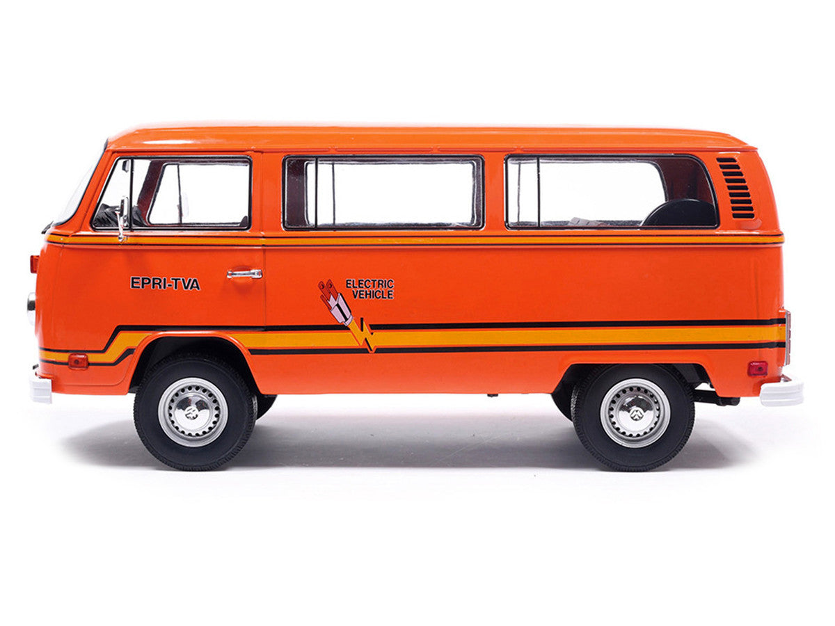 1978 Volkswagen Type 2 Bus "Elektrotransporter" Orange with Yellow Stripes 1/18 Diecast Model by IXO Models IXO