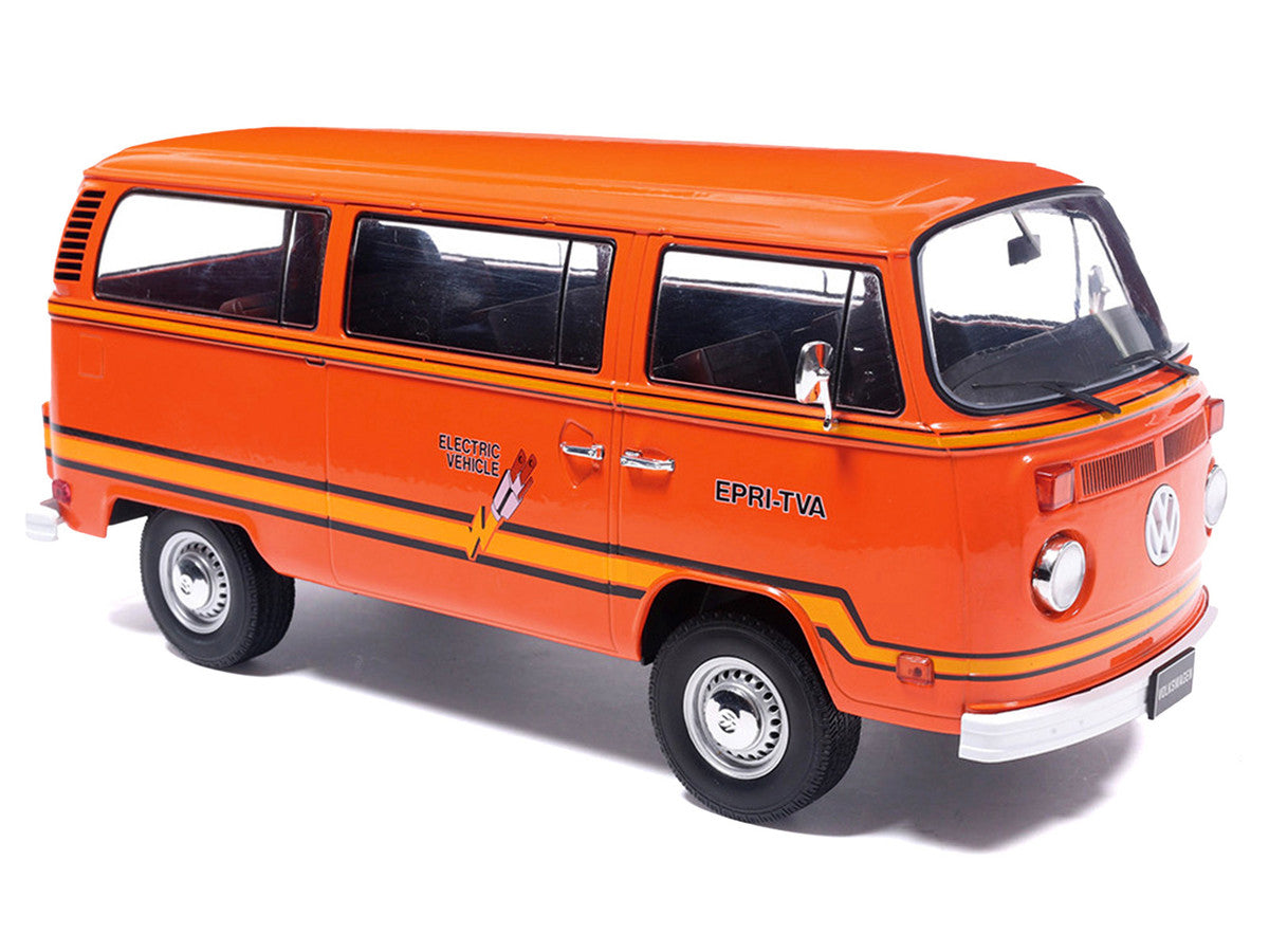 1978 Volkswagen Type 2 Bus "Elektrotransporter" Orange with Yellow Stripes 1/18 Diecast Model by IXO Models IXO