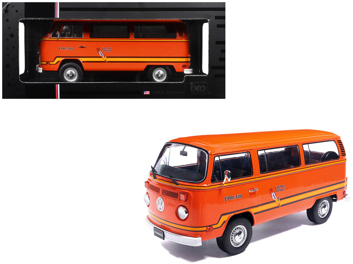 1978 Volkswagen Type 2 Bus "Elektrotransporter" Orange with Yellow Stripes 1/18 Diecast Model by IXO Models IXO