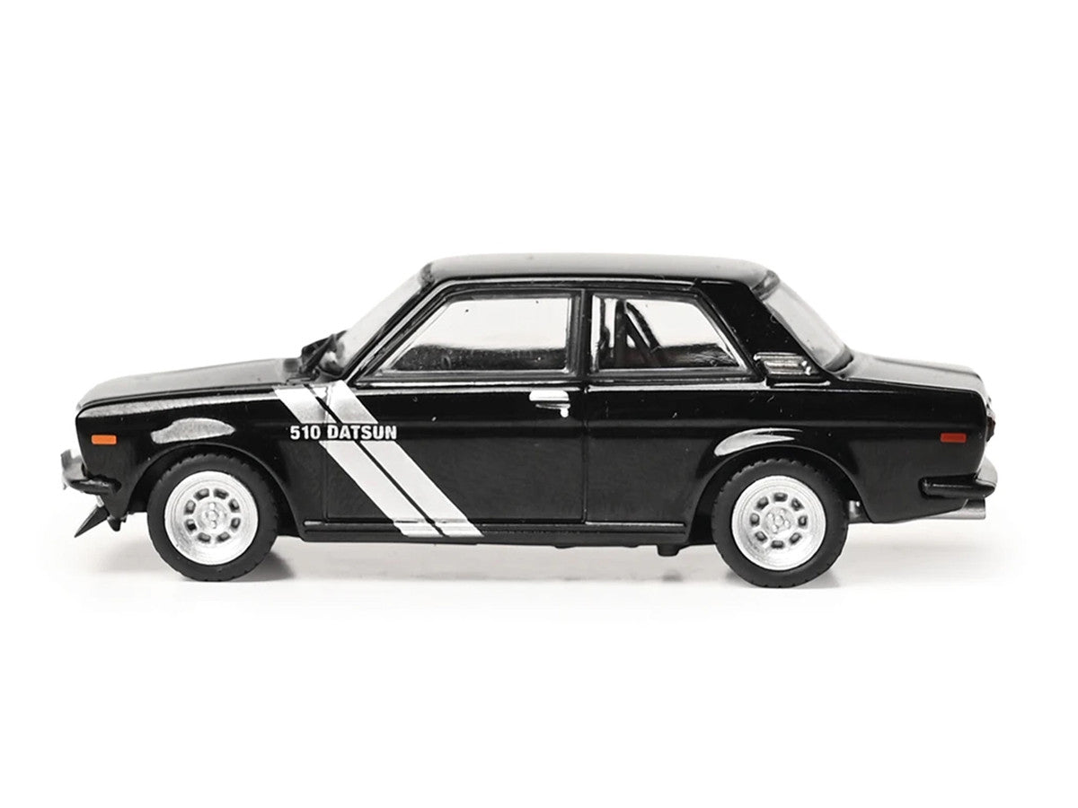 1971 Datsun 510 Black with Silver Stripes 1/64 Diecast Model Car by IXO Models IXO