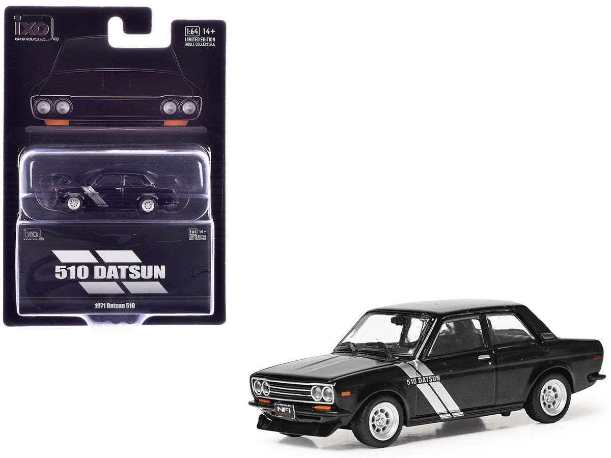 1971 Datsun 510 Black with Silver Stripes 1/64 Diecast Model Car by IXO Models IXO