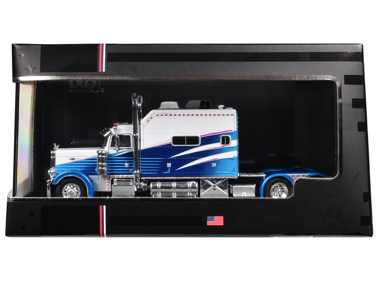 2002 Peterbilt 379 Truck Tractor White and Blue with Graphics 1/64 Diecast Model by IXO Models Greenlight