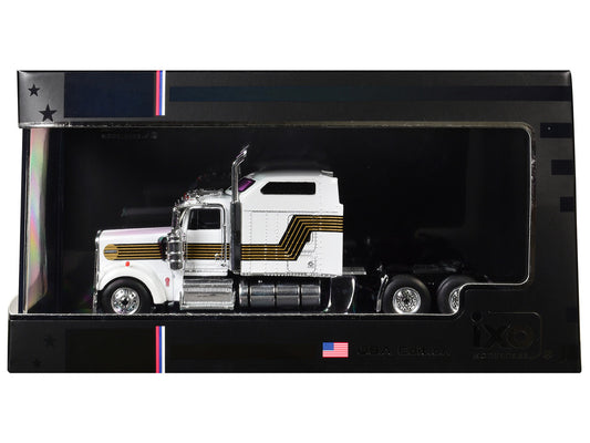 1995 Kenworth W900 Truck Tractor White with Black and Gold Stripes 1/64 Diecast Model by IXO Models-0