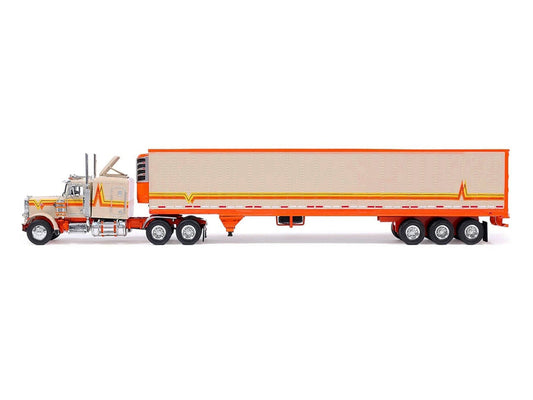 1973 Peterbilt 359 Truck Tractor with Sleeper Cab Cream with Orange and Yellow Stripes and Refrigerate Modern Trailer 1/64 Diecast Model Car by IXO Models IXO