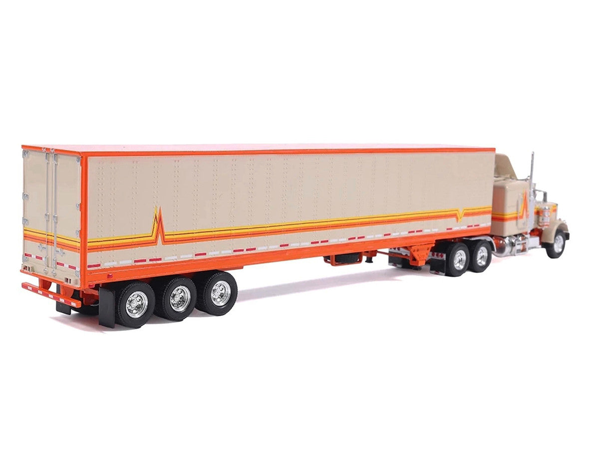 1973 Peterbilt 359 Truck Tractor with Sleeper Cab Cream with Orange and Yellow Stripes and Refrigerate Modern Trailer 1/64 Diecast Model Car by IXO Models IXO