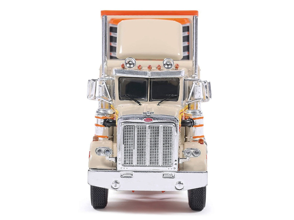 1973 Peterbilt 359 Truck Tractor with Sleeper Cab Cream with Orange and Yellow Stripes and Refrigerate Modern Trailer 1/64 Diecast Model Car by IXO Models IXO
