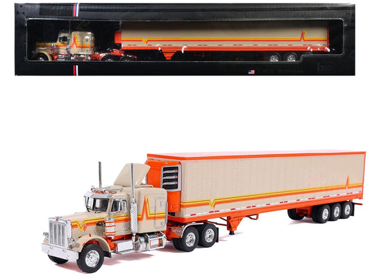 1973 Peterbilt 359 Truck Tractor with Sleeper Cab Cream with Orange and Yellow Stripes and Refrigerate Modern Trailer 1/64 Diecast Model Car by IXO Models IXO