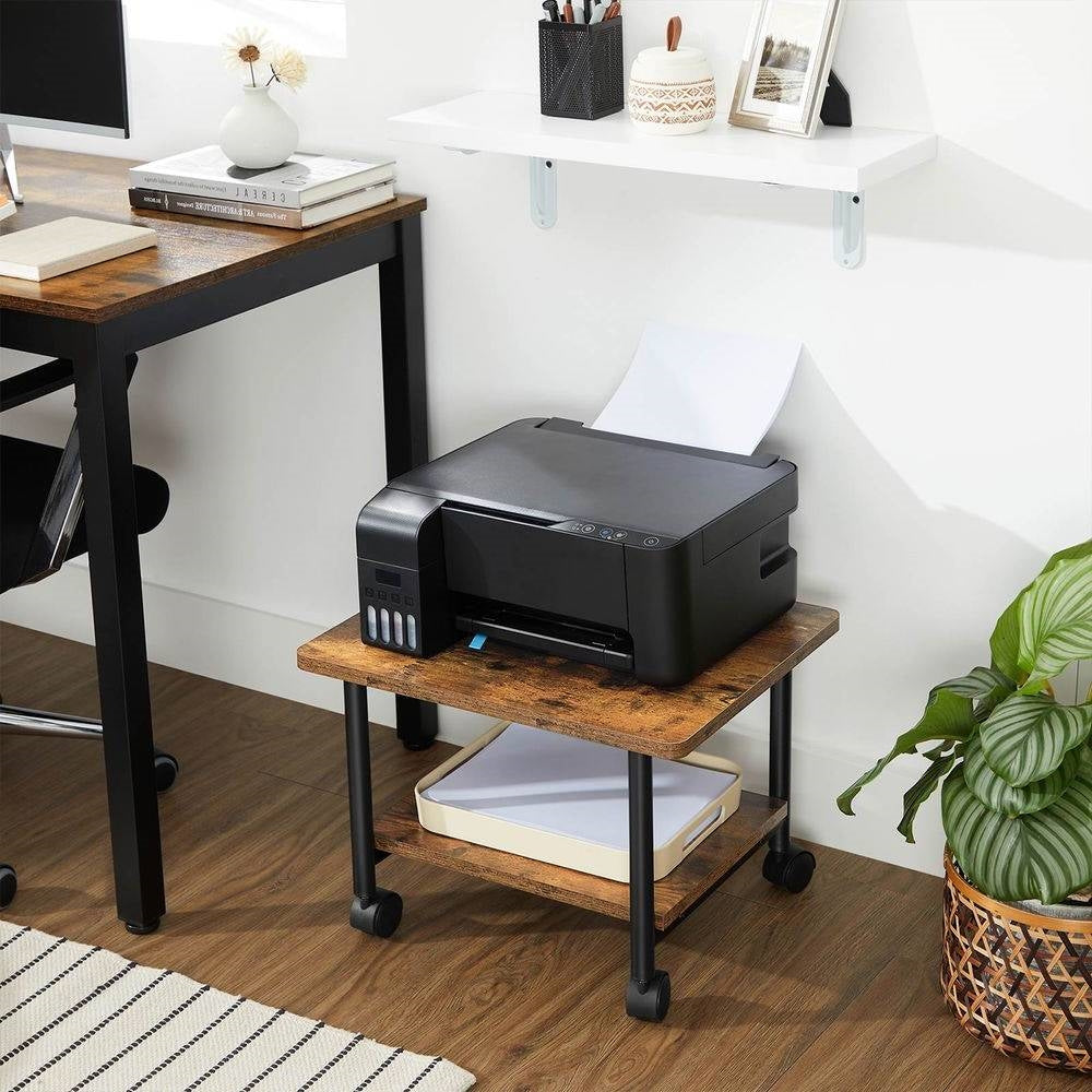 Industrial Black Metal Rustic Wood Printer Stand Cart with Bottom Paper Shelf-2