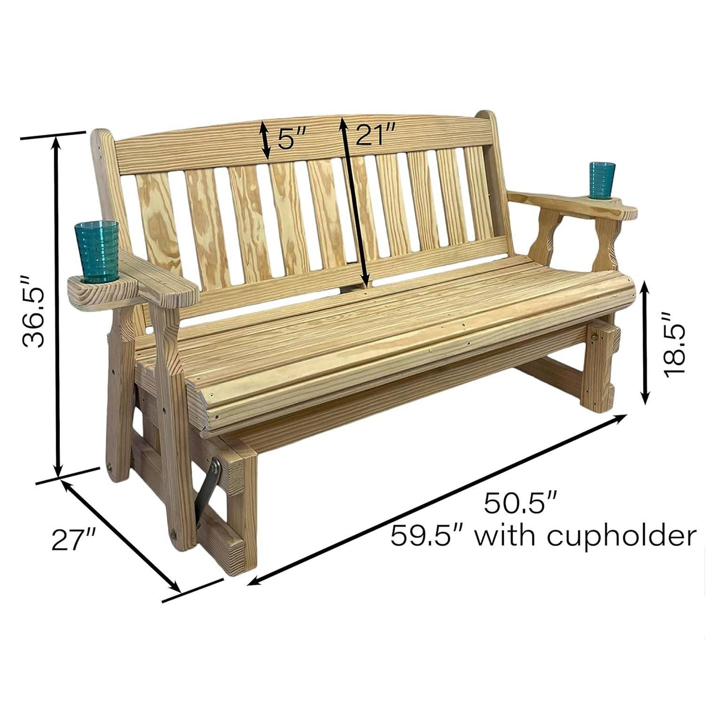 4ft Heavy Duty Unfinished Wood Porch Glider Bench with Cupholders - Made in USA FastFurnishings