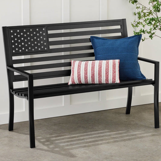 2 Person Patriotic USA Black Metal Bench with American Flag Backrest FastFurnishings