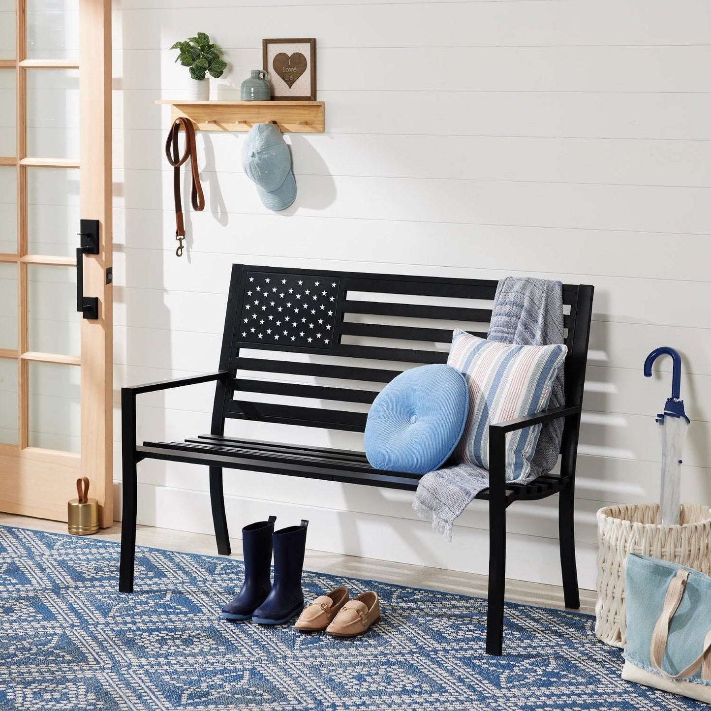 2 Person Patriotic USA Black Metal Bench with American Flag Backrest FastFurnishings