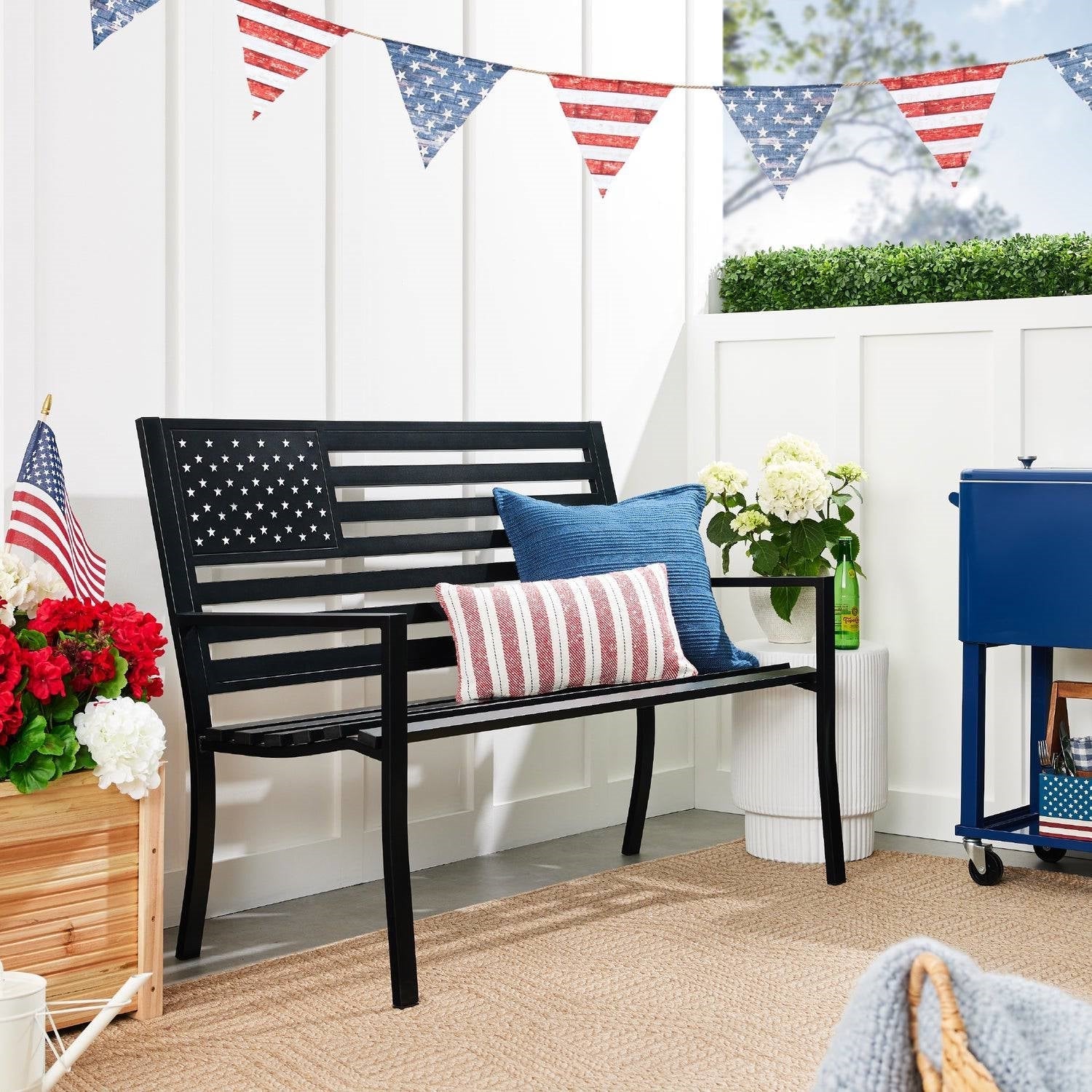 2 Person Patriotic USA Black Metal Bench with American Flag Backrest FastFurnishings